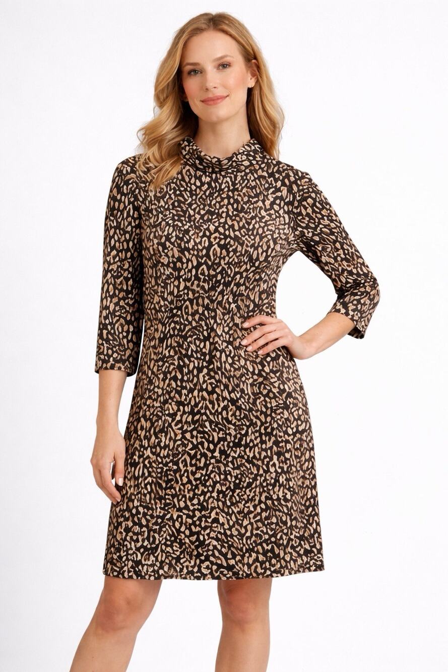 J.McLaughlin Dress Large Animal Print 3/4Sleeve Shift Mockneck Knee Lengt